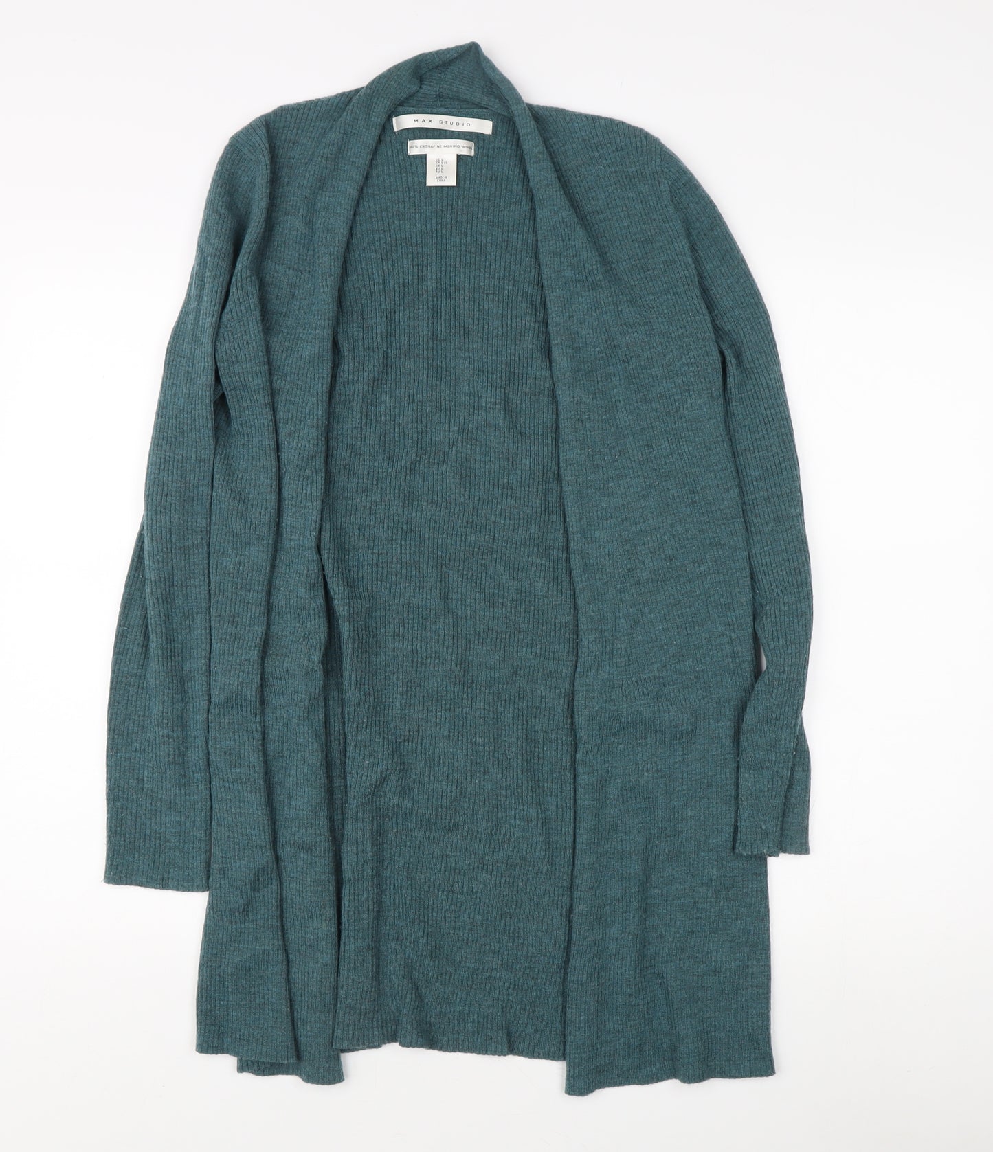 Max Studio Women’s Green Open Front Cardigan, Size L, Merino Wool