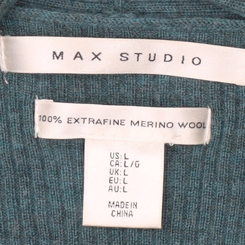 Max Studio Women’s Green Open Front Cardigan, Size L, Merino Wool