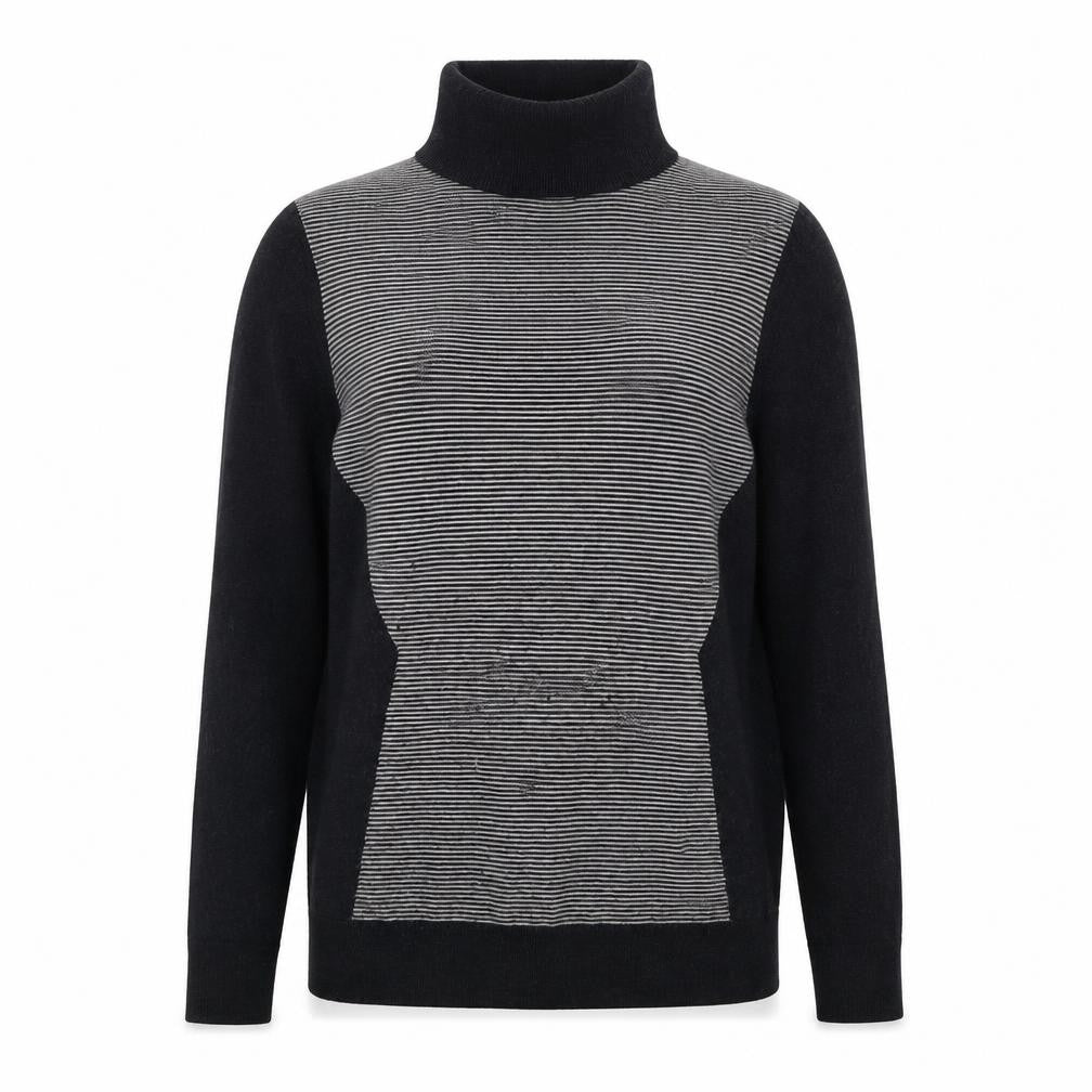 Front view of Paraphrase Women's Black XL Striped Roll Neck Pullover