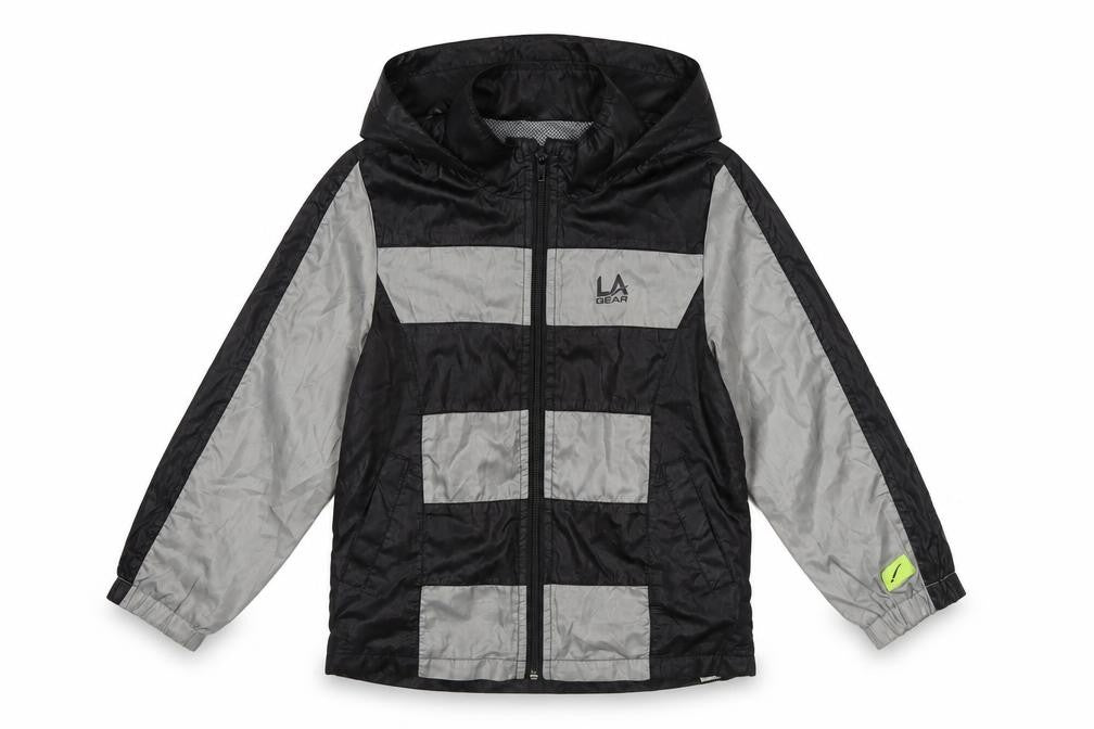 Front view of LA Gear boys’ black grey windbreaker jacket, size 110