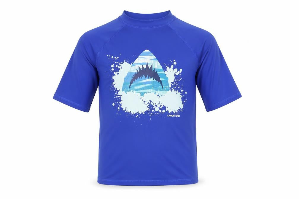 Front view of Lands' End boys’ blue rash guard shark graphic s