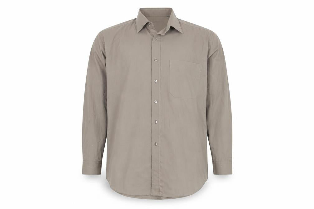 Front view of John Curtis Men's Beige Long Sleeve Button-Up Shirt