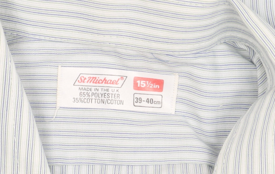 St Michael Men's Blue Striped Long Sleeve Shirt, Size 15.5, Regular Fit