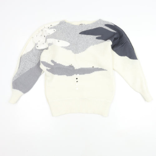 Frapp Women's White Geometric Knit Jumper Size 10