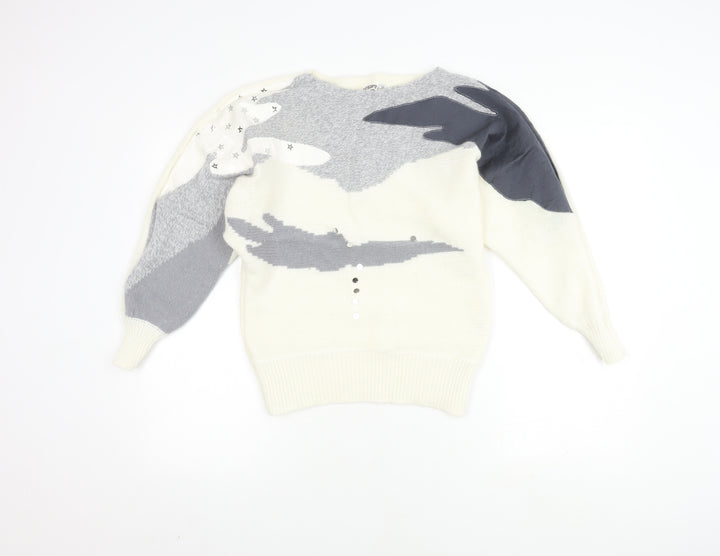 Frapp Women's White Geometric Knit Jumper Size 10
