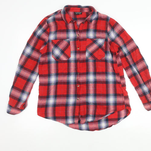 Topshop Women's Red Plaid Button-Up Shirt, Size 10