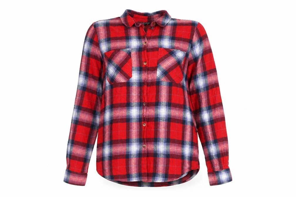 Front view of Topshop Women's Red Plaid Button-Up Shirt, size 10