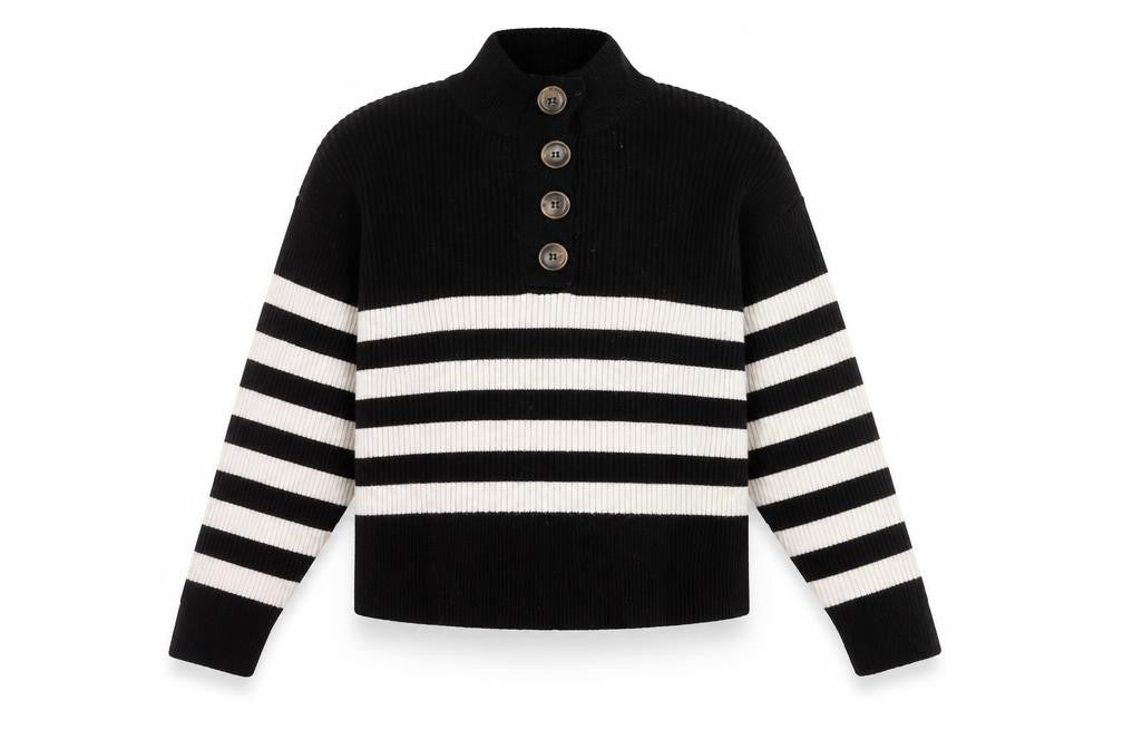 Front view of Mango Women's Black Striped Collared jumper, size 12