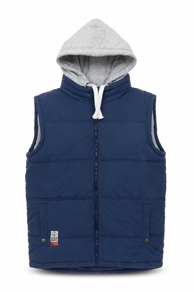 Front view of Lazy Jacks Men's Blue Hooded Puffer Jacket M