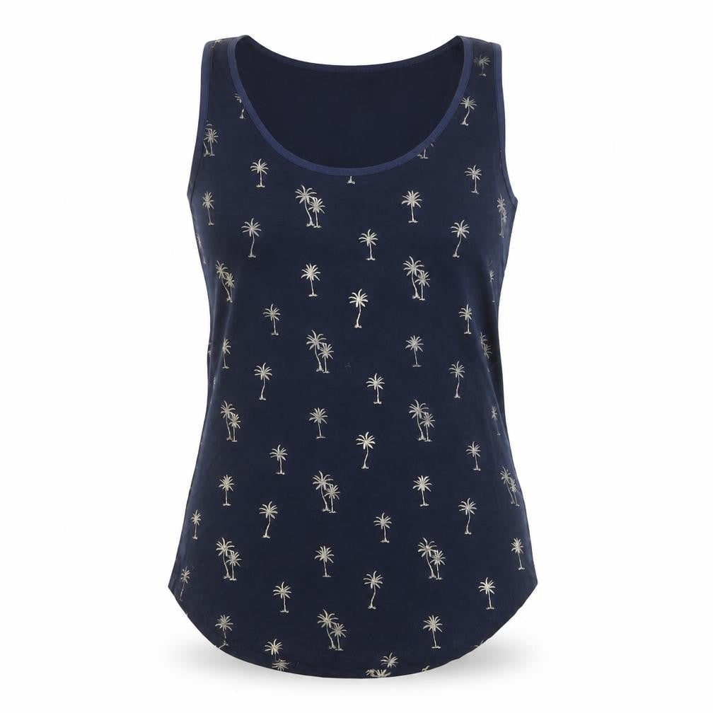 Front view of Oasis Women's Blue Tank Top Small Palm Print