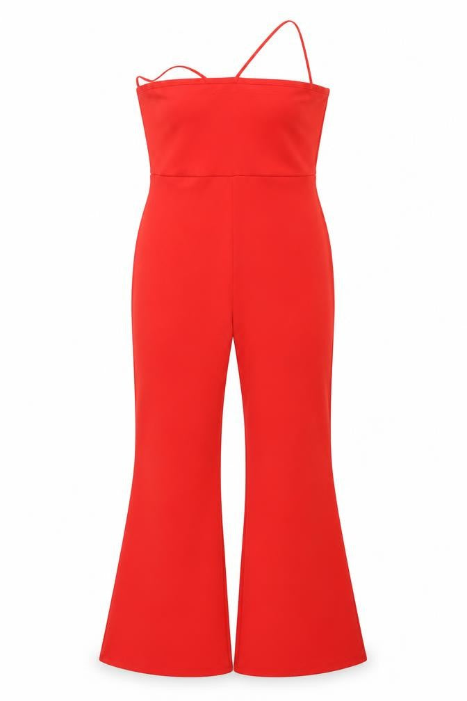 Front view of Quiz Women's Red Playsuit, size 14, Asymmetric Flared Leg Party