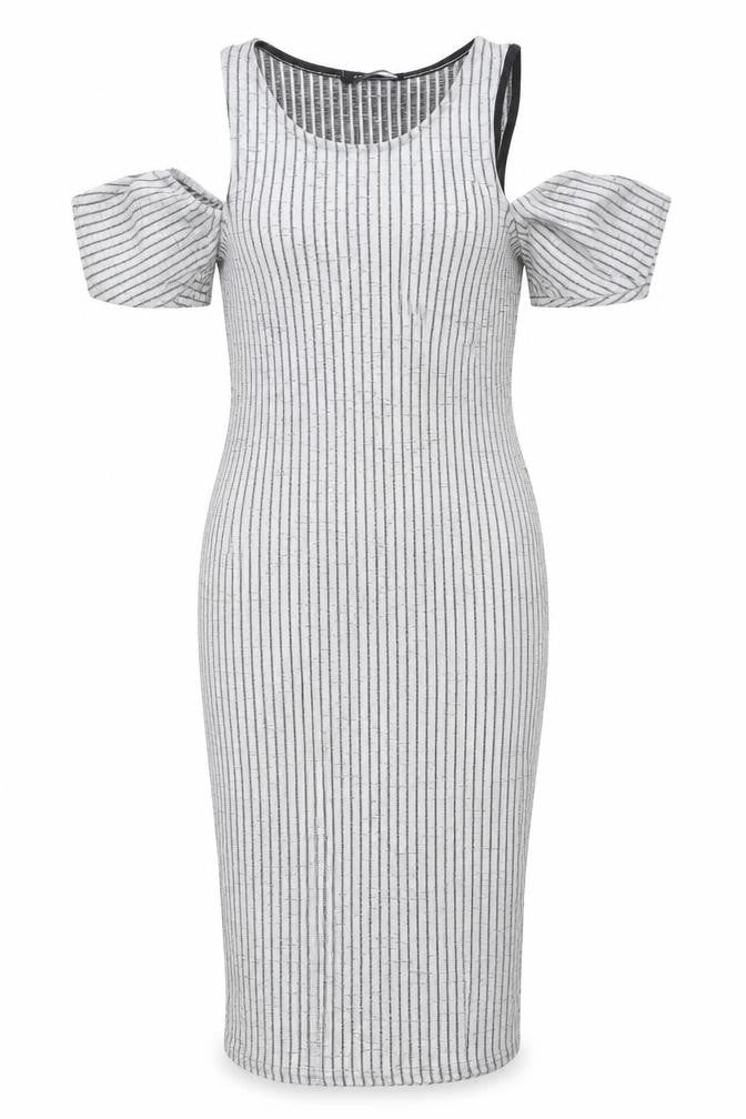 Front view of New Look Women's Grey Striped Bodycon Dress, size 8