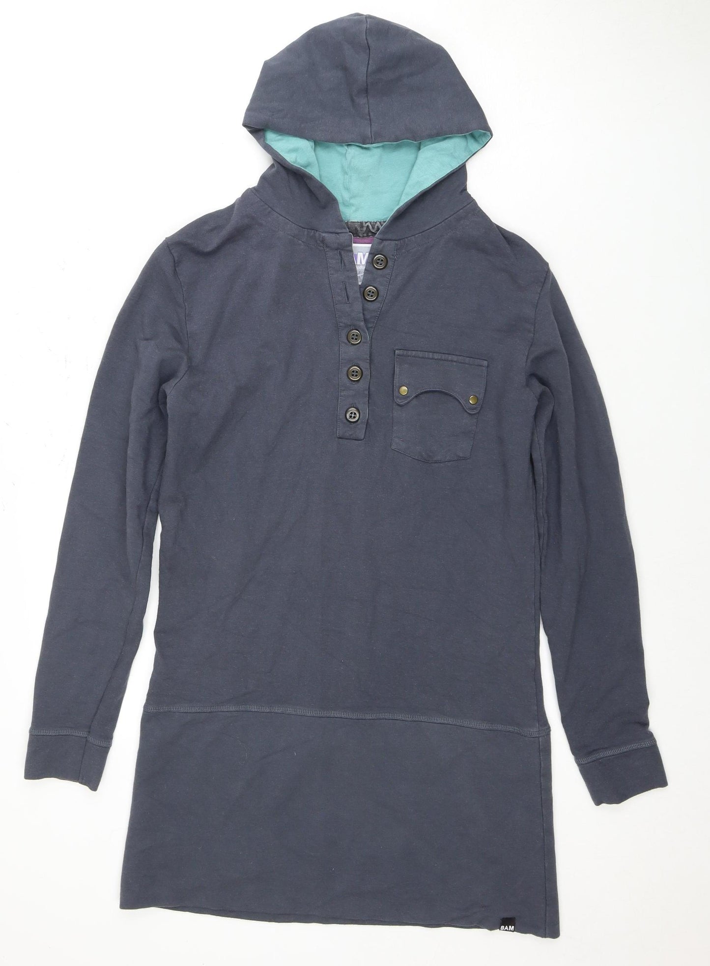 BAM Unisex Blue Henley Hoodie with Buttons - Size 16