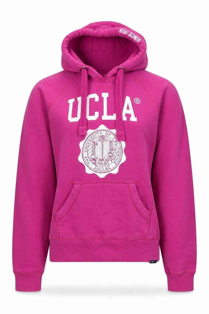 Front view of UCLA girls’ pink pullover hoodie, size 8, with logo