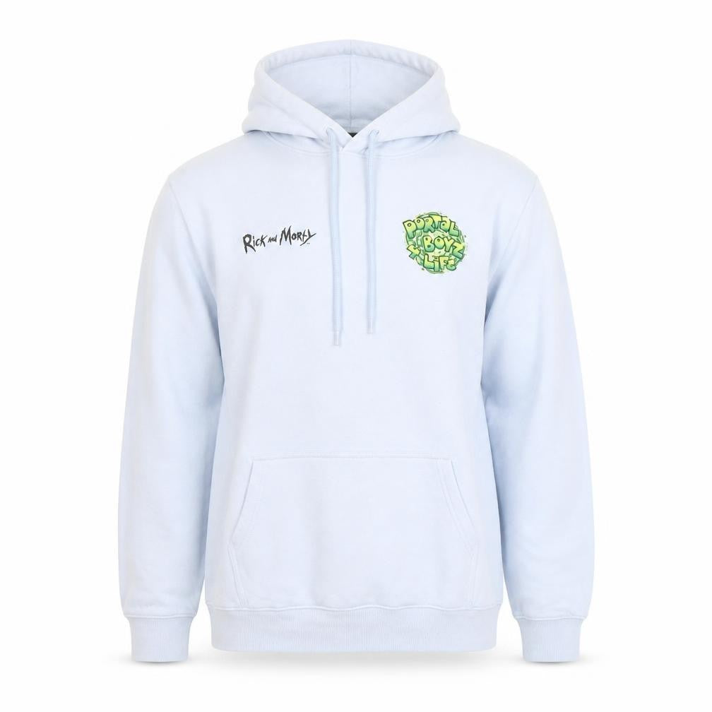 Front view of H&M Men's Blue Hoodie S Pullover Cartoon Graphic