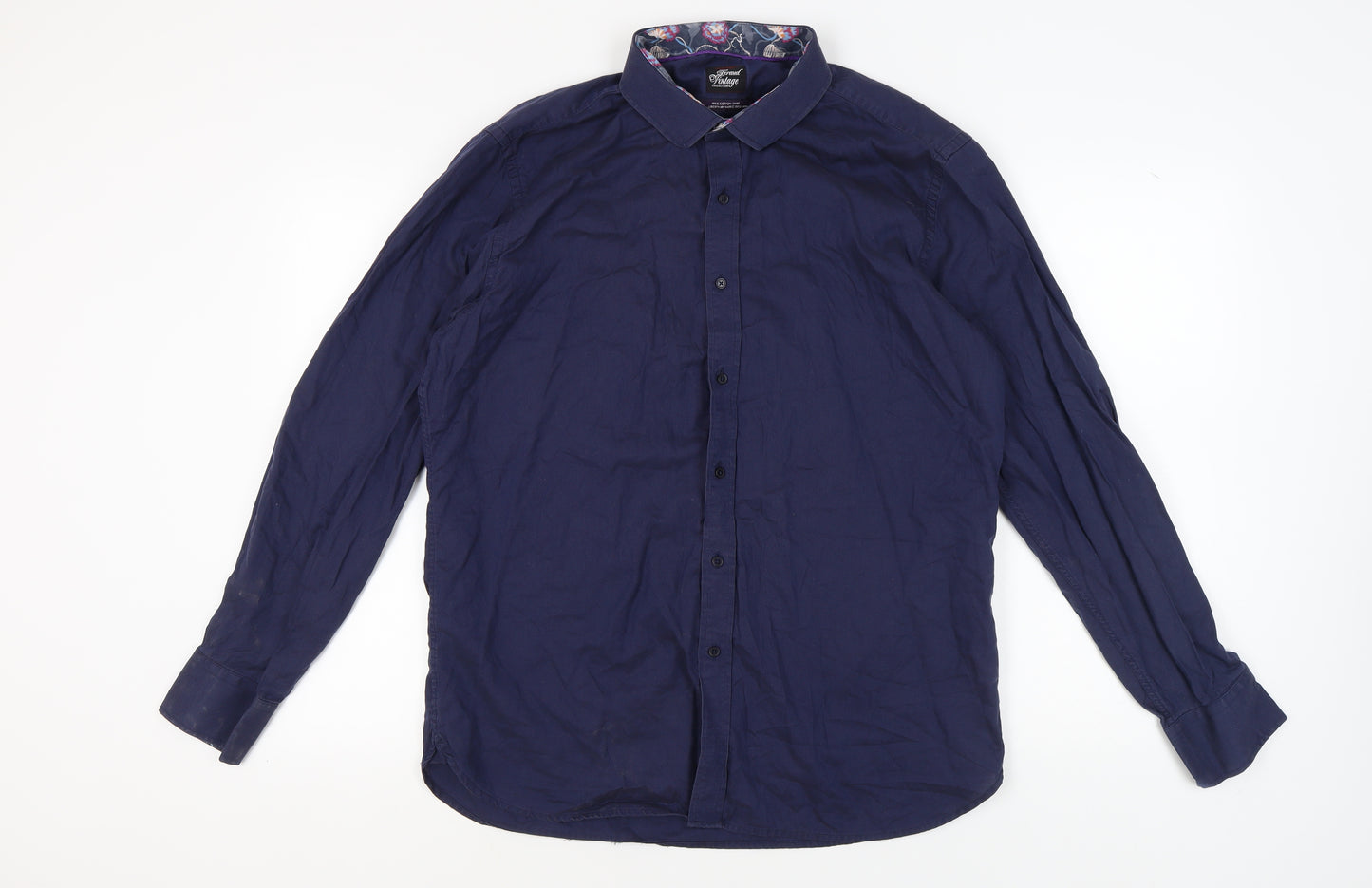 Feraud Vintage Men's Blue Button-Up Shirt, Size 17.5