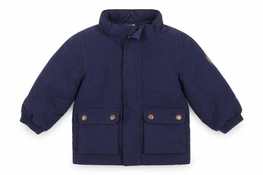 Front view of H&M unisex baby blue jacket 12 months lined hooded