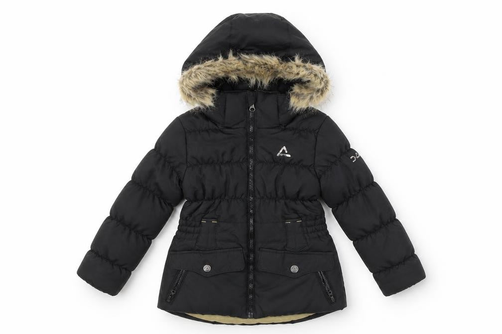 Front view of Dare 2b boys’ black puffer jacket with fur trim 3-4 years