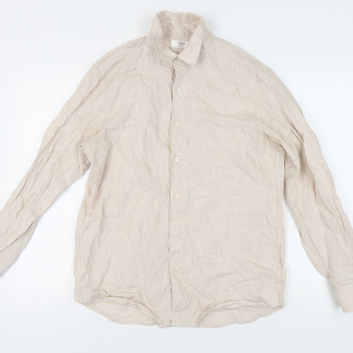 Uniqlo Men's Beige Linen Long Sleeve Shirt M