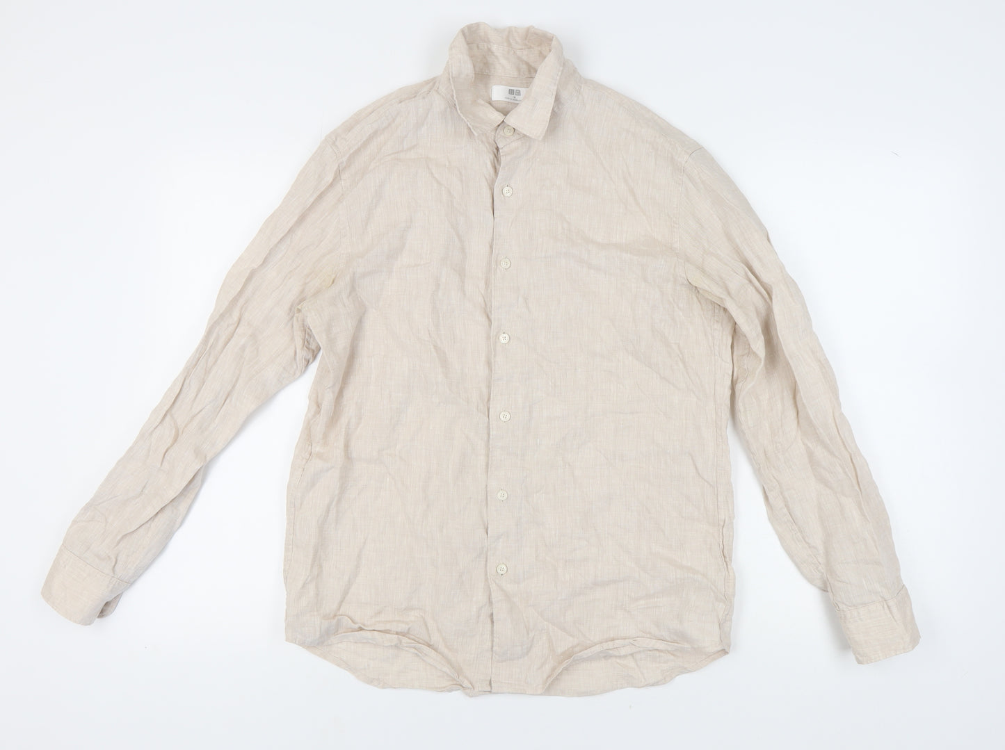Uniqlo Men's Beige Linen Long Sleeve Shirt M