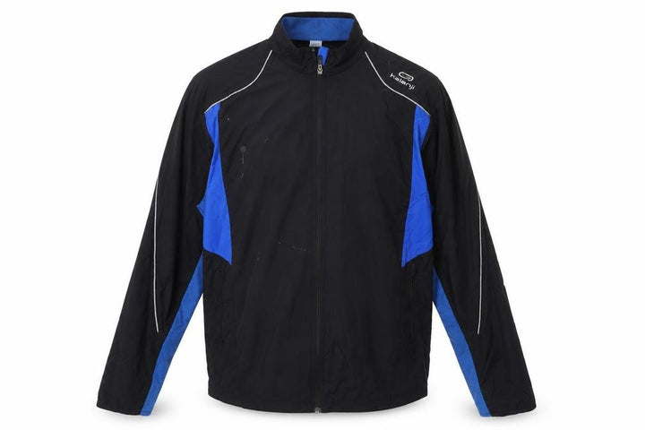 Front view of Kalenji Men's XL Black/Blue Track Jacket Reflective