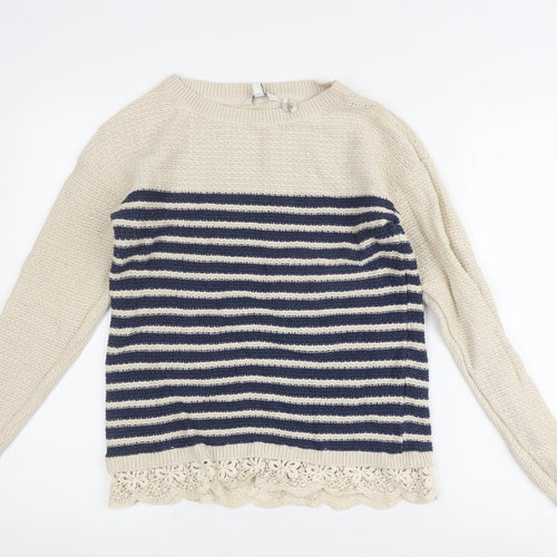 FatFace Women's Ivory Crochet Striped Pullover Jumper, Size 8