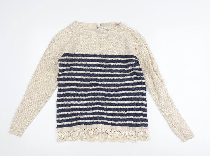 FatFace Women's Ivory Crochet Striped Pullover Jumper, Size 8