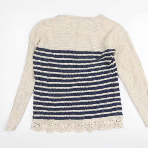 FatFace Women's Ivory Crochet Striped Pullover Jumper, Size 8