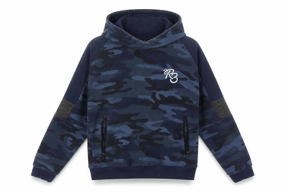 Front view of Ripstop boys’ blue camouflage pullover hoodie 11-12 years