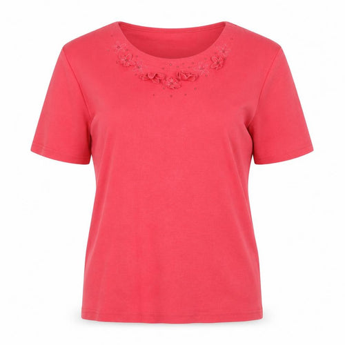 Eastex Women's Red Embroidered Cotton T-Shirt, Size 10