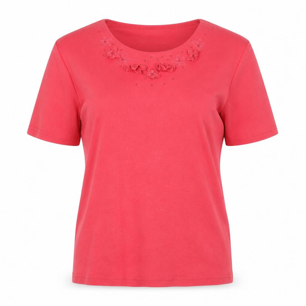 Eastex Women's Red Embroidered Cotton T-Shirt, Size 10