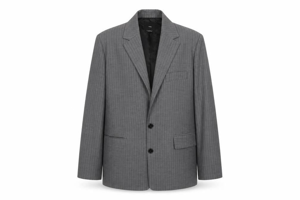 Front view of Mango Men's Grey Striped Blazer Jacket, 2XL, Business Formal