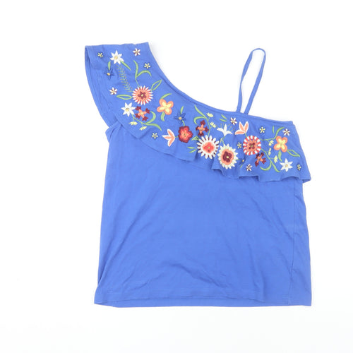 Next Blue One Shoulder Ruffle Tank - UK 10, Embroidered