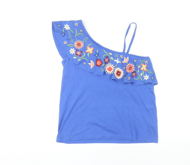 Next Blue One Shoulder Ruffle Tank - UK 10, Embroidered