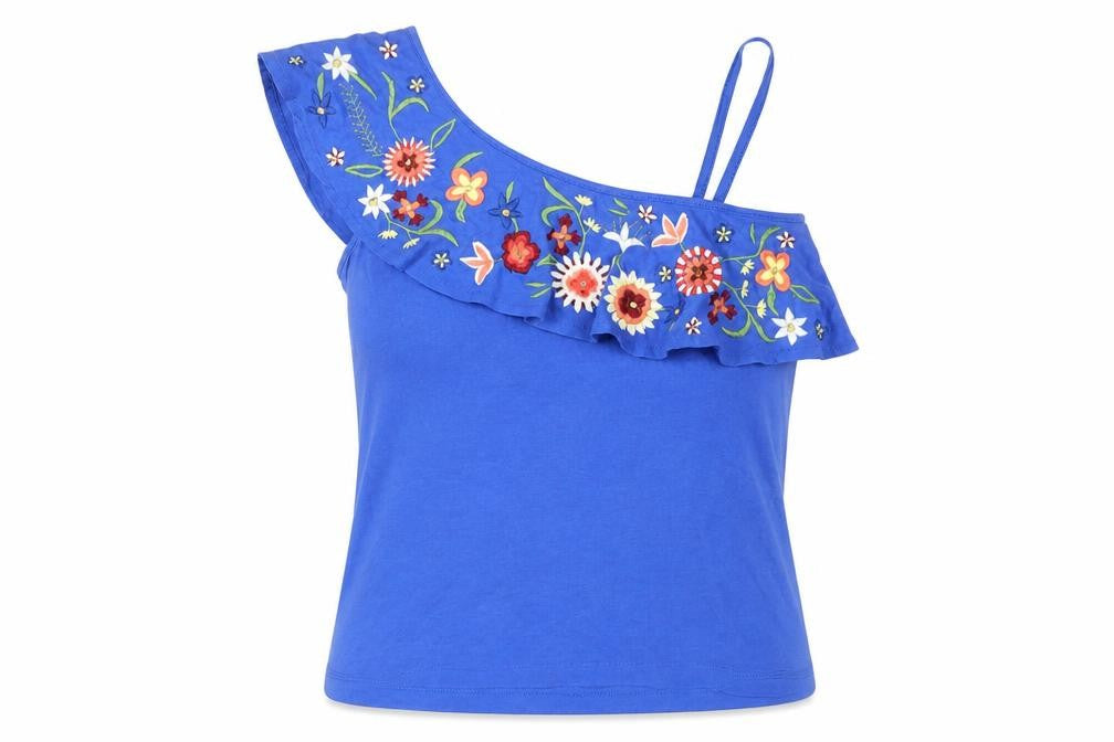 Front view of Next Blue One Shoulder Ruffle Tank - UK 10, Embroidered