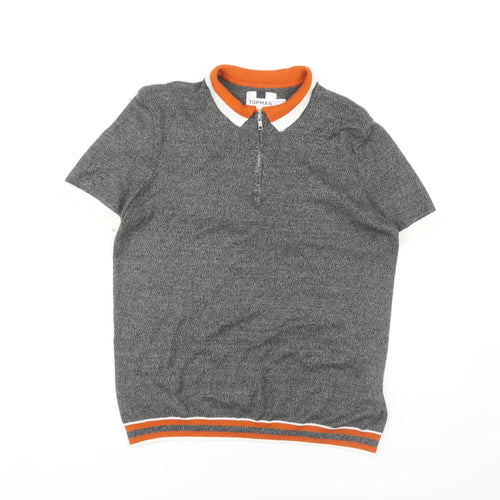 Topman Men's Grey Polo - Size M, Stylish Knit 1/4 Zip