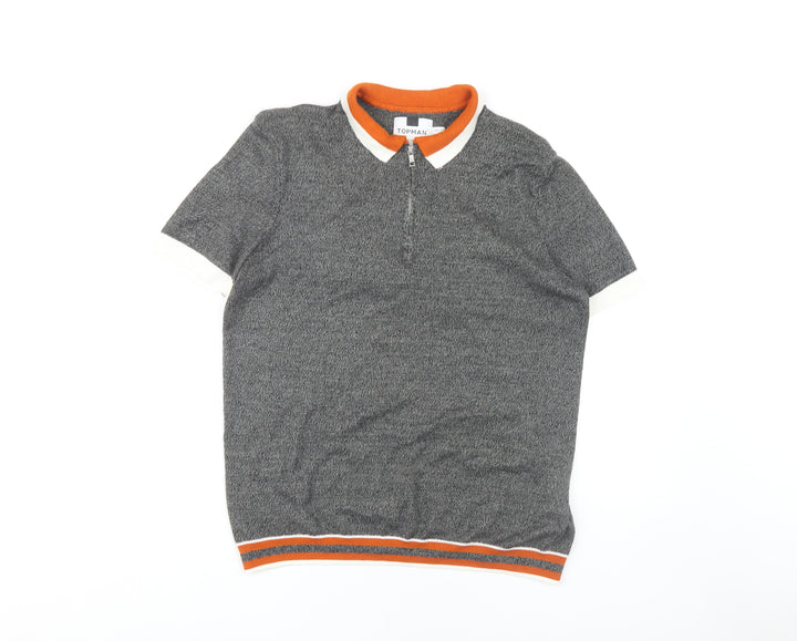Topman Men's Grey Polo - Size M, Stylish Knit 1/4 Zip
