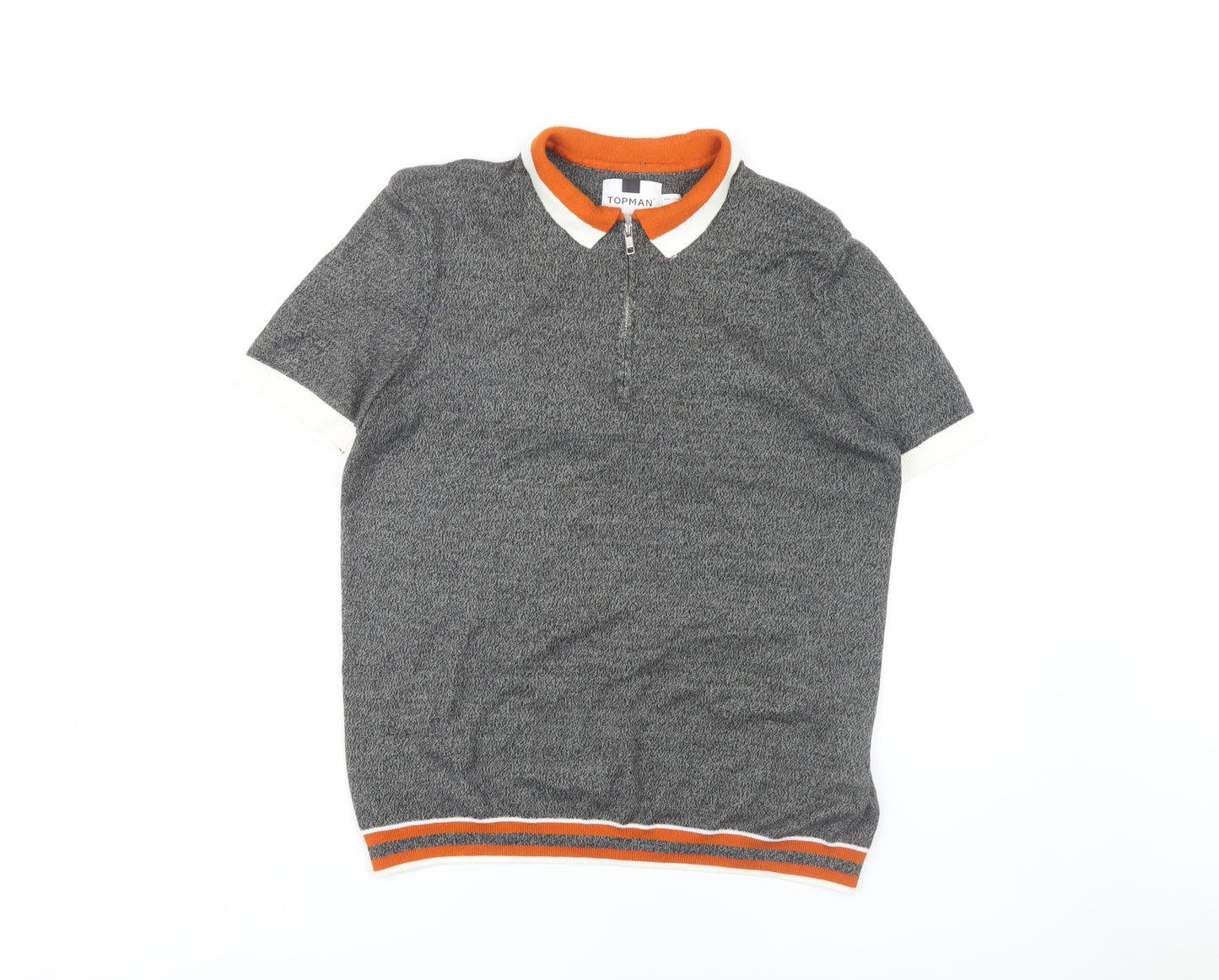 Topman Men's Grey Polo - Size M, Stylish Knit 1/4 Zip