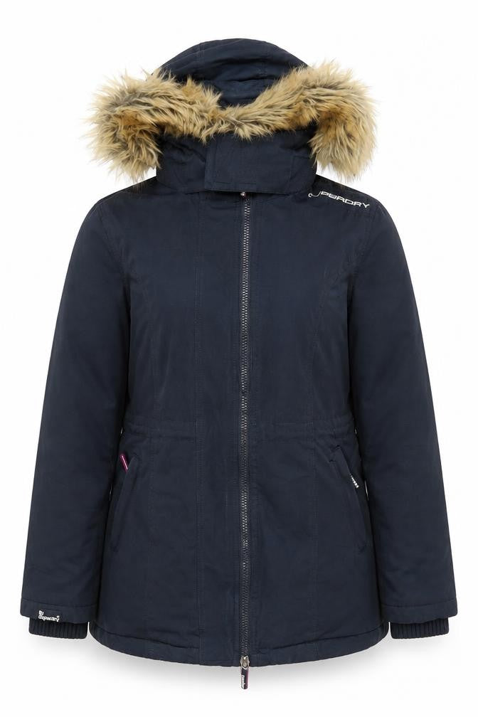 Front view of Superdry Women's Black Parka, size L, Hooded & Fur Trim