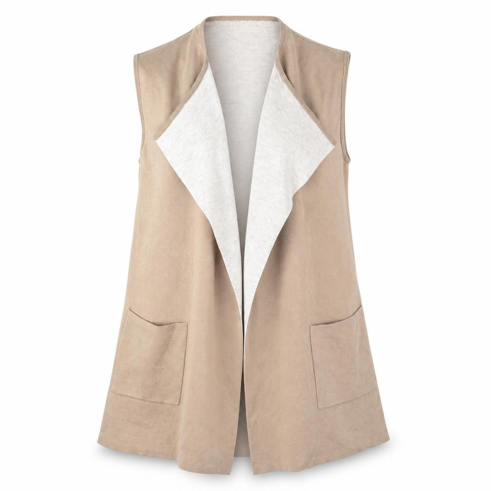 Front view of Monsoon Women's Beige Sleeveless Open Front Vest, size M
