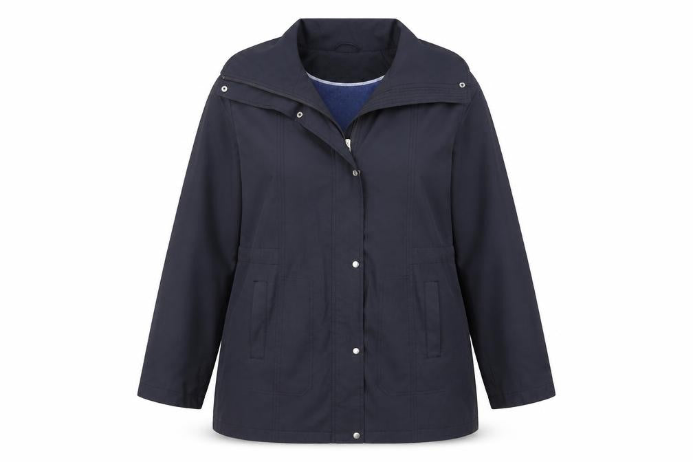 Front view of Klass Collection Women's Blue Mid-Length Hooded Jacket