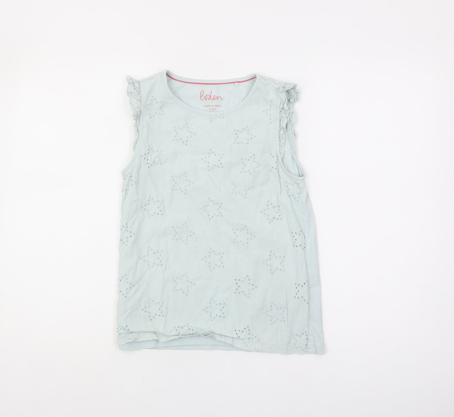 Boden Girls Blue Sleeveless Blouse - 11-12 Years, Ruffle Accent