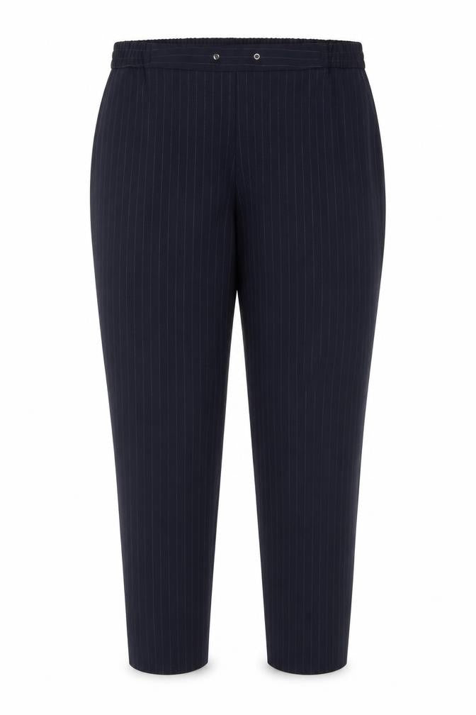 Front view of M&Co Women’s Navy Striped Trousers, size UK 14
