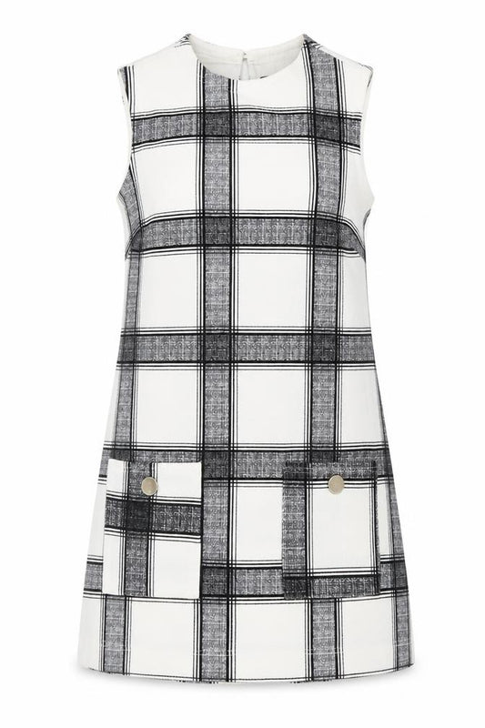 Front view of Dorothy Perkins Women's Black Check Shift Dress, size 10