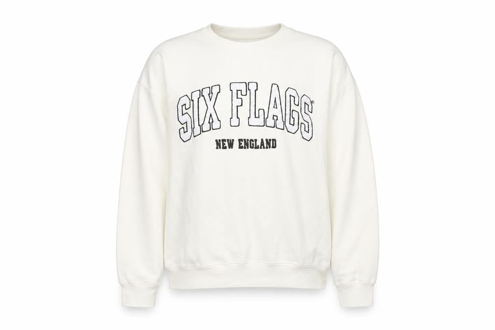 Front view of Six Flags XL White Sweatshirt unisex adults