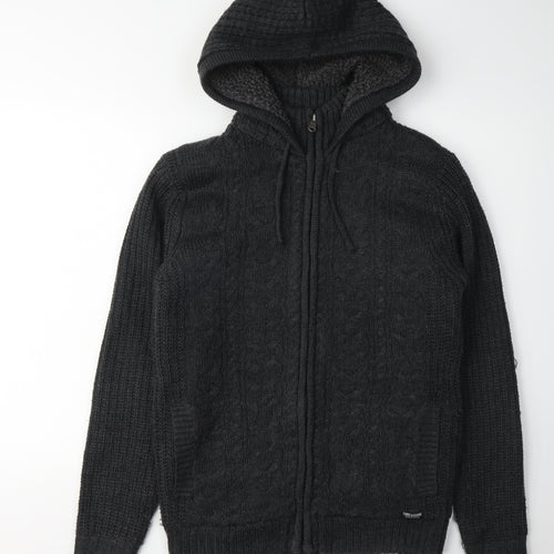Threadbare Men's Black Full Zip Cable-Knit Hoodie S