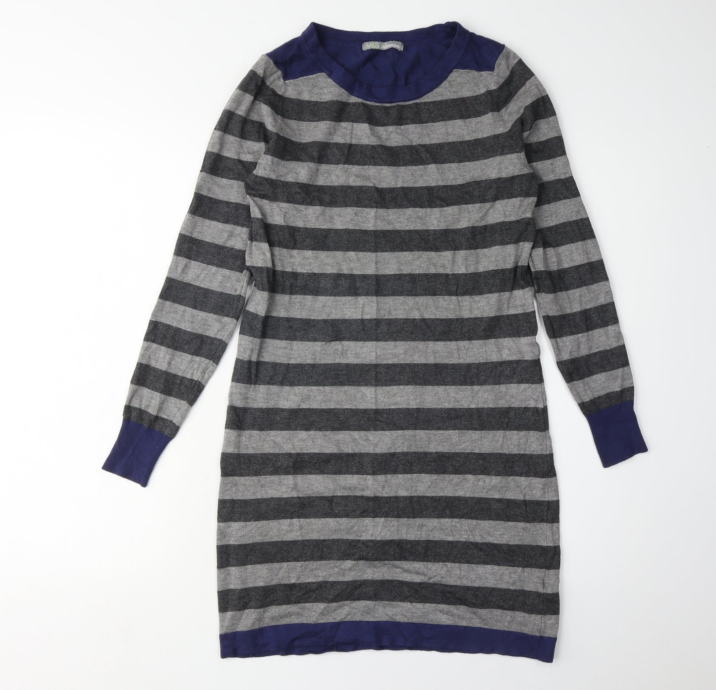 Marks and Spencer Women's Grey Blue Striped Knit Dress, Size 8