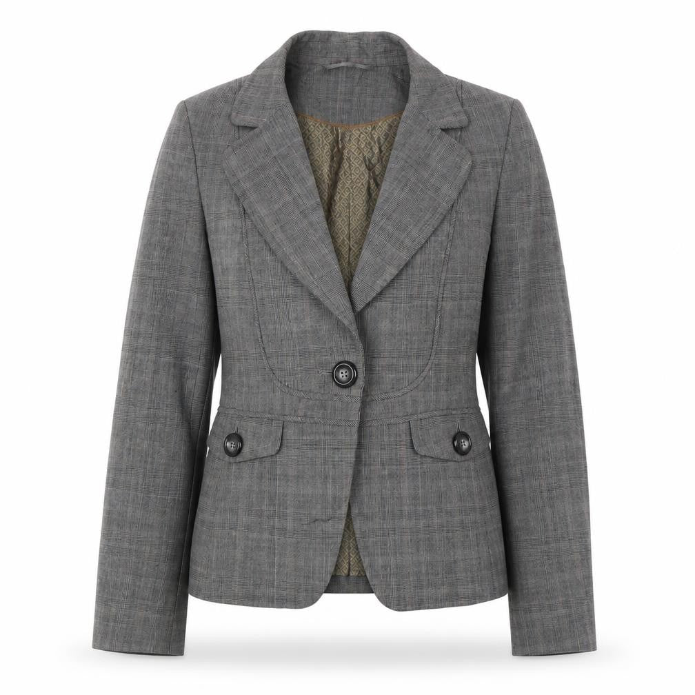 Front view of Next Women's Grey Check Blazer, size 8, Business Casual
