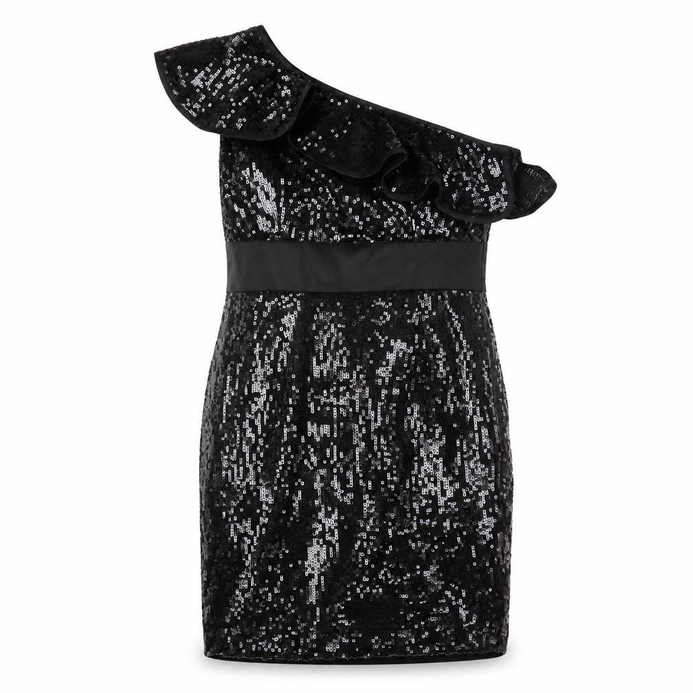 Front view of Monsoon Women's Black Sequin One Shoulder Dress, size 10