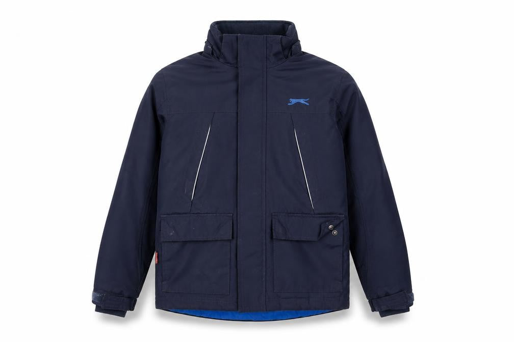 Front view of Slazenger boys’ blue jacket 7-8 years reflective winter coat